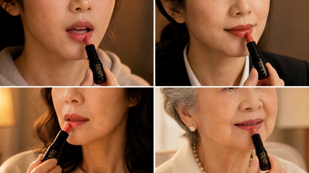 产品是 Laura Geller 口红,出了粉色/砖红/珊瑚金三个颜色,每个颜色各自出正面、侧面、45 度、旋开状态四张,logo 特写单独一张留给收尾。