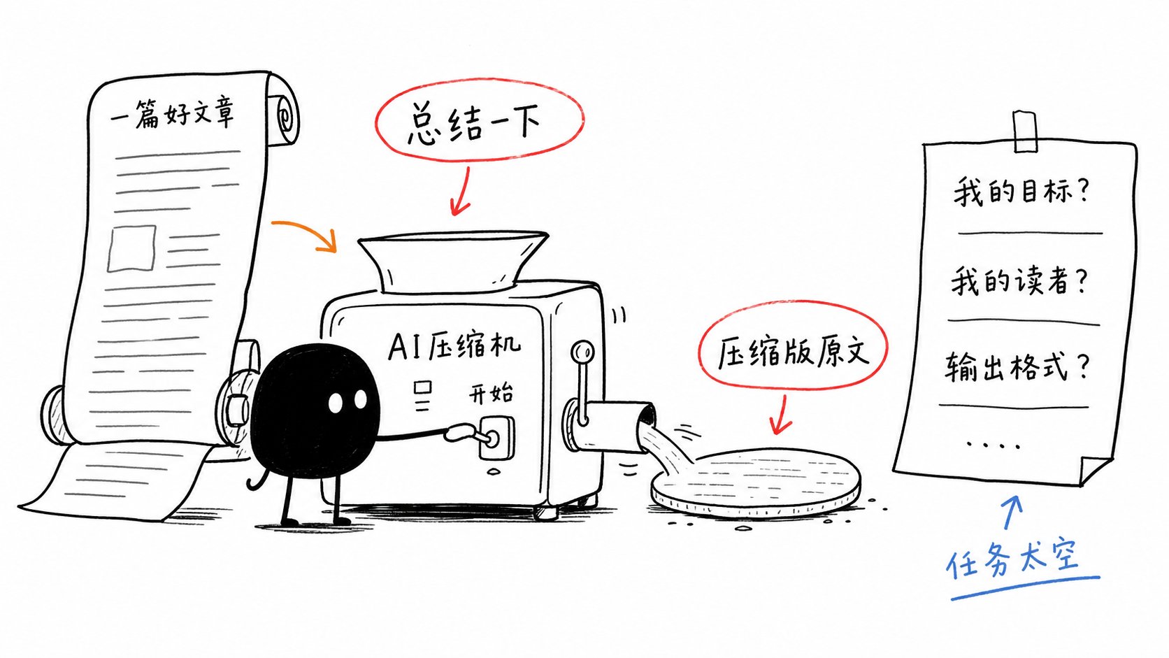 这句话太空了。AI 不知道你是要学习、写笔记、发朋友圈、写推文，还是准备做一期视频。"总结一下" 只能得到压缩版原文，这不是你的笔记，也不是你的观点。
